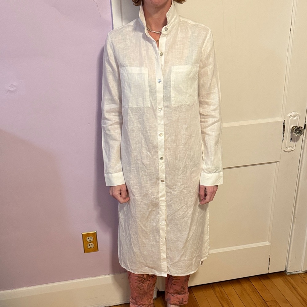 Long shirtdress/coverup by Simons, linen with MOP buttons, S